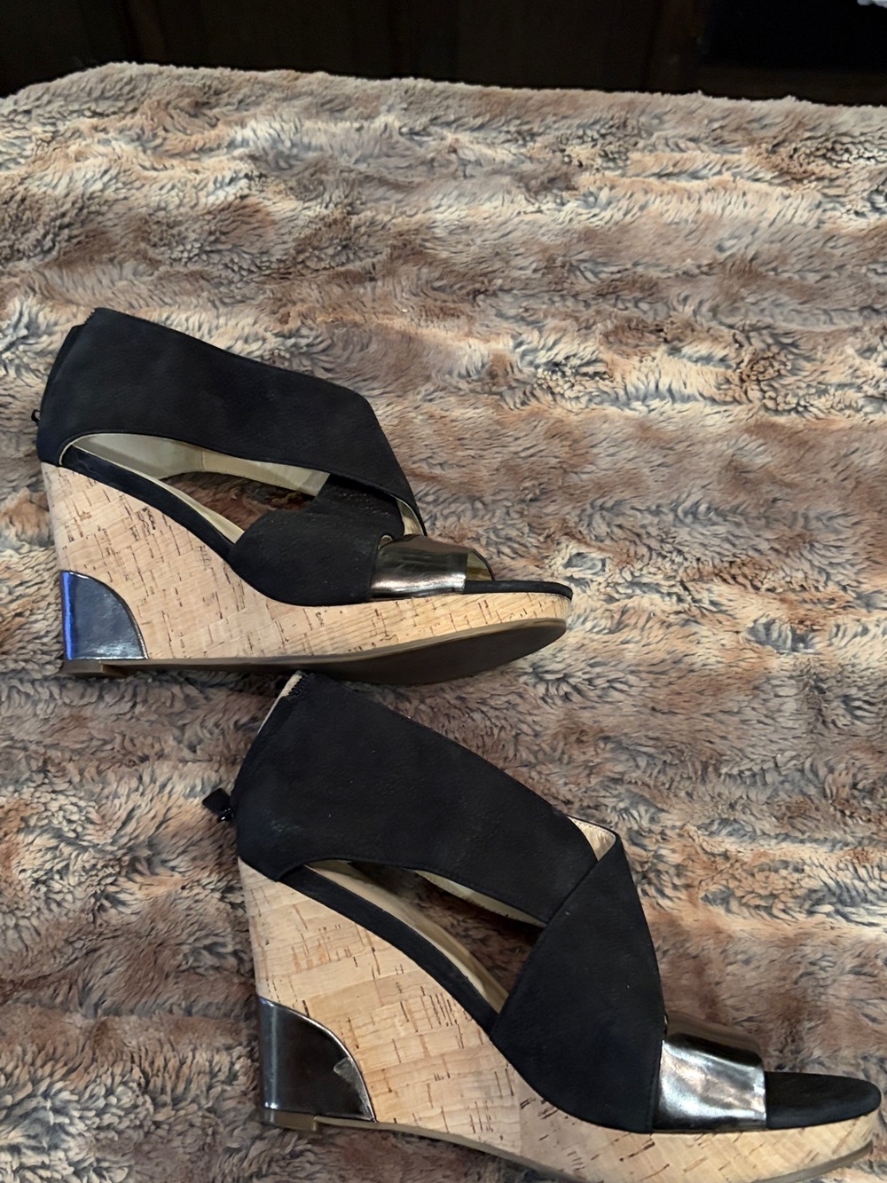 Cole Haan Black Suede Open-Toe Heels with Metallic Silver Toe Strap
